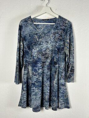 Katrina Marie Womens Blue Abstract Print Tunic Top Large 3/4 Sleeve V-Neck Flowy